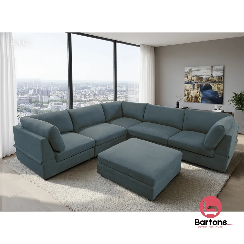 Modular 6-Piece Sectional Sofa with Ottoman — Steel Blue - Image 2