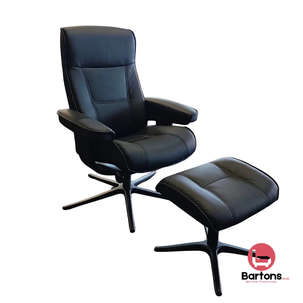 IMG Viking Recliner Chair & Footstool — Black Leather